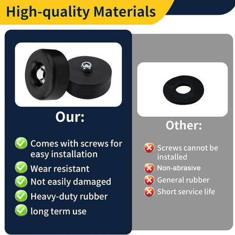 Comparison of high-quality heavy-duty rubber wheel and inferior rubber material with installation screws and benefits highlighted.