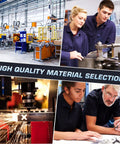 Collage of manufacturing process, workers inspecting materials, and CNC machine cutting metal with sparks.