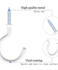 White vinyl-coated metal screw hook with labels showing high quality screw end and smooth surface.