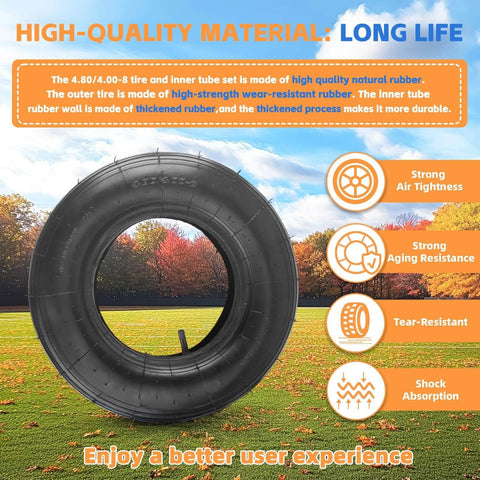 4.80/4.00-8 tire and inner tube set with text on quality, outdoor scene