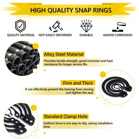 Premium Snap Ring Set 325Pcs Alloy Steel External Retaining Rings Circlips In 15 Sizes For Axles Shafts And Other Moving Parts Built Tough With Corrosion And Heat Resistance For Long Lasting Performance IEAWISL, showing high-quality black alloy steel rings and their features.
