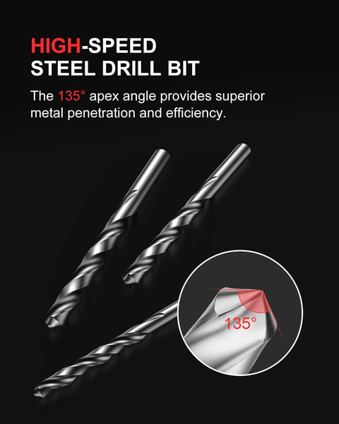 High-speed steel drill bits set with three HSS bits featuring twisted flutes and a 135° apex tip