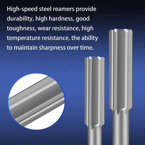 Close-up of Chucking Reamer Set for Lathe Machines with High Speed Steel Round Shank H7 Straight Flutes next to product features.