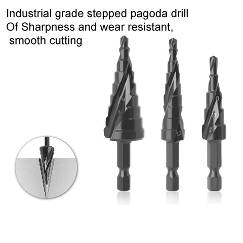 Three Nine Step Drill Bit High Speed Steel Spiral Pagoda Hole Reamer with Non Slip Tip and Hex Shank for metalwork, 4-20mm.