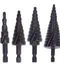 Front view of Nine Step Drill Bit High Speed Steel Spiral Pagoda Hole Reamer With Non Slip Tip And Hex Shank for metalworking.