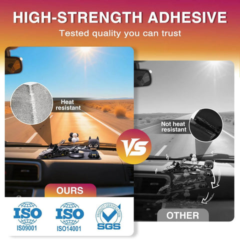 Comparison of high-strength adhesive tape on a dashboard, with one side showing heat resistance and the other not.