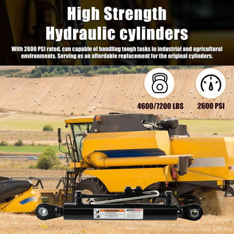 High strength hydraulic cylinders on farm equipment, 4600/7200 lbs capacity, 2600 PSI, for industrial and agricultural use
