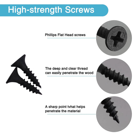 Close-up of high-strength Phillips flat head screws with deep threads and sharp points for wood penetration.