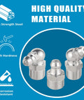 Front view: assorted metal grease fittings SAE/metric with straight, 45°, 90° angles, plastic caps, wrench kit included, red box.