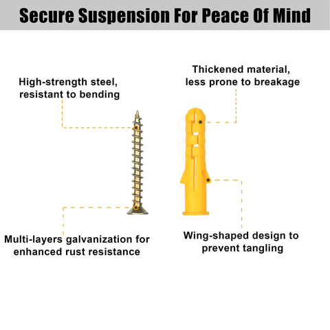 Close-up view of a steel screw and plastic anchor from the 270 Pcs Drywall Anchors and Screws Assortment Kit for various wall projects.