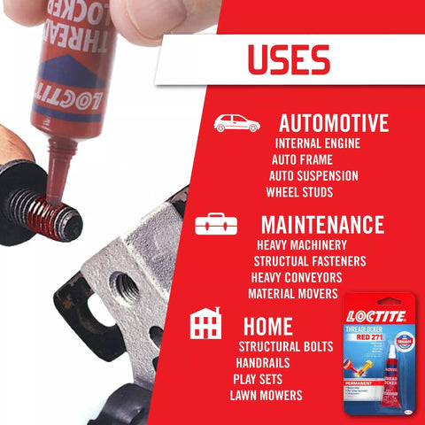 Permanent Thread Lock And Seal For Nuts Bolts And Fasteners High Strength Red 271 in use on an engine bolt, packaging visible.