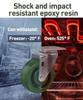 4 Inch By 1.5 Inch Heavy Duty Casters Set Of 4 With 2800 Lb Load Capacity For High Temperature Oven Racks Epoxy Resin Wheels Galvanized Steel Yokes Ideal For Bakery Kitchen Carts And Industrial Equipment shown with oven and freezer settings.