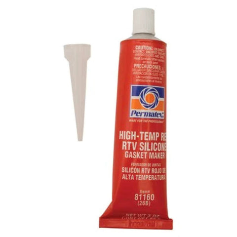 High-Temp Red RTV Silicone Gasket Maker, 3 Oz tube with nozzle, for forming in-place gaskets, visible product packaging.