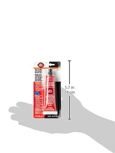 High Temp Red RTV Silicone Sealant 3 Oz Tube Sensor Safe Gasket And Hose Sealant For Auto, Appliances And DIY Projects, -70 To 650 Degrees F, Full Cure In 24 Hours displayed in blister packaging with hand for scale.