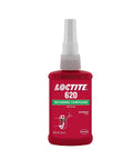 Bottle of Loctite 620 Retaining Compound, 50 ml, for metal assemblies, used in high-temperature applications.