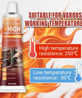 High Temp Silicone Adhesive Sealant For Ovens, Microwaves, Grills And Stoves, Heat Resistant And Waterproof RTV Glue Kit In Black, 3.38 Fl Oz Pack (50ml X 2), For Quick Fixes And Tough As Nails Seals tube with temperature illustration
