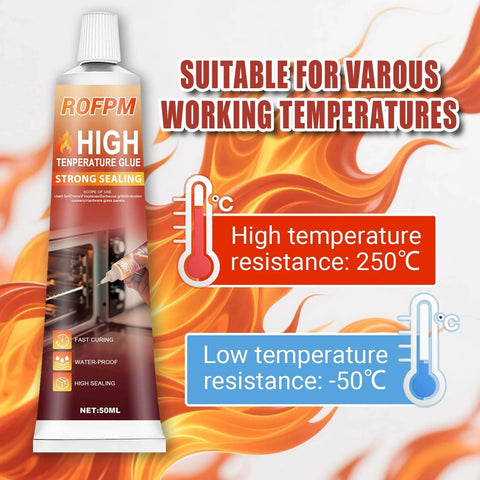 High Temp Silicone Adhesive Sealant For Ovens, Microwaves, Grills And Stoves, Heat Resistant And Waterproof RTV Glue Kit In Black, 3.38 Fl Oz Pack (50ml X 2), For Quick Fixes And Tough As Nails Seals tube with temperature illustration