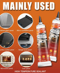 High Temperature Silicone Sealant 3.38 Fl Oz RTV Adhesive Black Heat Resistant Glue for kitchen repairs and oven seals displayed with usage examples for microwave, grill, and high heat surfaces.