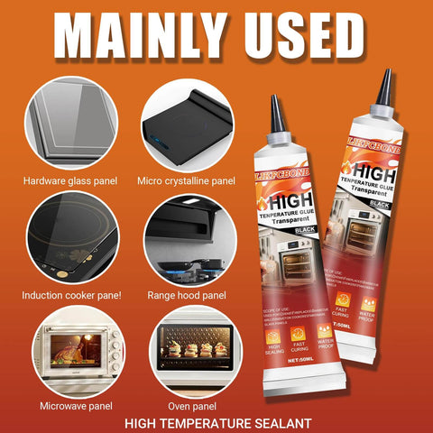High Temperature Silicone Sealant 3.38 Fl Oz RTV Adhesive Black Heat Resistant Glue for kitchen repairs and oven seals displayed with usage examples for microwave, grill, and high heat surfaces.