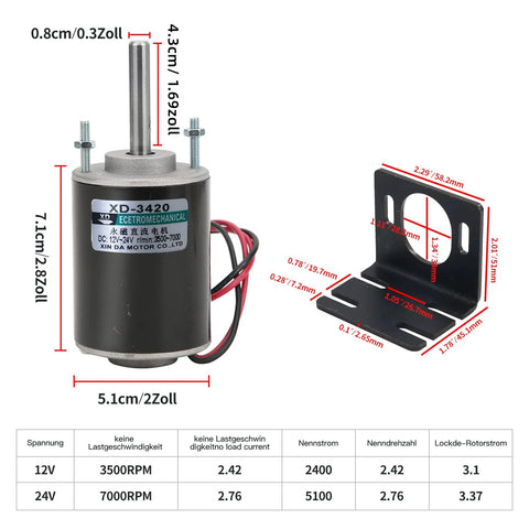 High Torque DC Motor 12V/24V Permanent Magnet CW CCW 30W 3500/7000 RPM with mounting bracket, dimensions included