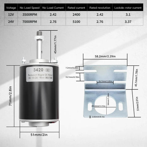 High Torque DC Motor 12V/24V 30W - 3500/7000RPM Permanent Magnet Electric Motor, XD-3420 Type, with mounting bracket and dimensions.