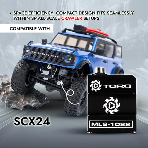 RC vehicle with rock terrain and High Torque Micro Servo 5.0V - 8.4V with CNC Servo Mounts & Arms visible, compatible with SCX24.