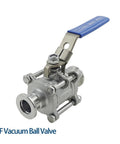 High Vacuum Ball Valve 3-Piece Sanitary Design In 304/316L Stainless Steel Manual Shutoff, side view showing KF connection.