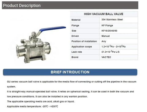 High Vacuum Ball Valve 3-Piece Sanitary Design In 304/316L Stainless Steel for Helium Leak Detection KF16 KF25 KF40 KF50