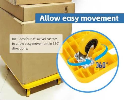 High Visibility Yellow 300-lb Capacity Movers Dolly with 4 Swivel Casters, 19-1/2" x 14-1/2" Platform showing 360-degree movement