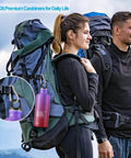 Hikers with 10 Pack Stainless Steel Carabiners Clips 1.57 Inch, attaching a water bottle to backpack, outdoor essentials.