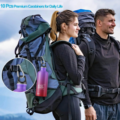 Hikers with 10 Pack Stainless Steel Carabiners Clips 1.57 Inch, attaching a water bottle to backpack, outdoor essentials.