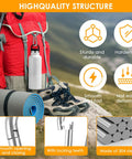 Camping setup with red backpack, hiking boots, and a water bottle, highlighting 304 stainless steel, features of 2 Inch Carabiner Clips Set 12 Pack.