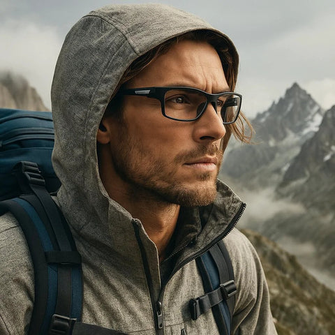 Man hiking in mountains wearing Photochromic Safety Glasses With Readers 1.5 Diopter Wraparound Goggles, focused look.