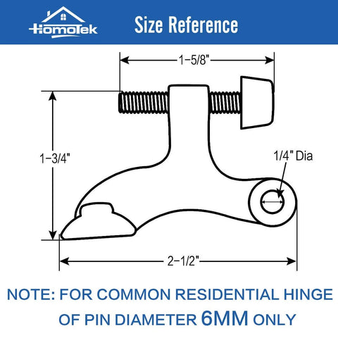 Size diagram of 2 Pack Hinge Pin Black Door Stopper, Adjustable Deluxe Heavy Duty Door Stopper 2-1/2"x1-3/4", with Black Rubber Bumper Tips.