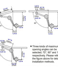 Installation guide for hinges soft close, lid support hinges, lid stay for chest wardrobe closet cupboard, showing angles 75°, 90°, 110°.