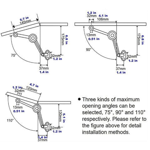 Installation guide for hinges soft close, lid support hinges, lid stay for chest wardrobe closet cupboard, showing angles 75°, 90°, 110°.