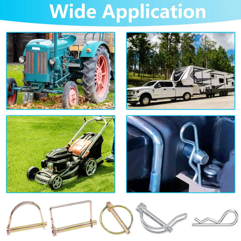 Heavy Duty Hitch Pin Kit 202 Pcs used on tractor, truck towing RV, lawn mower, with clip pins for trailer and garden gear.