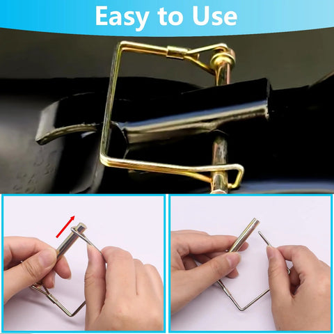 Heavy Duty Hitch Pin Kit 202 Pcs With Clip Pins R Clips Linch Pins PTO Pins for trailer, showing installation demonstration and pin details.
