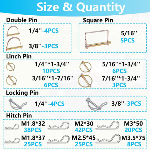 Heavy Duty Hitch Pin Kit 202 Pcs With Clip Pins R Clips Linch Pins PTO Pins size and quantity chart
