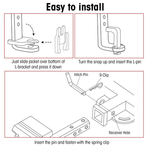 Diagram showing installation of Heavy Duty Snap L Pin And Sway Bracket Jacket Kit For 2-In Receiver Hitches, steps illustrated.