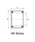 Technical diagram of HK Series Drawn Cup Needle Roller Bearing with dimensions labeled C, D, Fw; includes focus keyword.