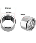 Drawn Cup Needle Roller Bearings HK2016 open end, 20mm bore, 26mm outer diameter, 16mm width, high load capacity, close-up view.