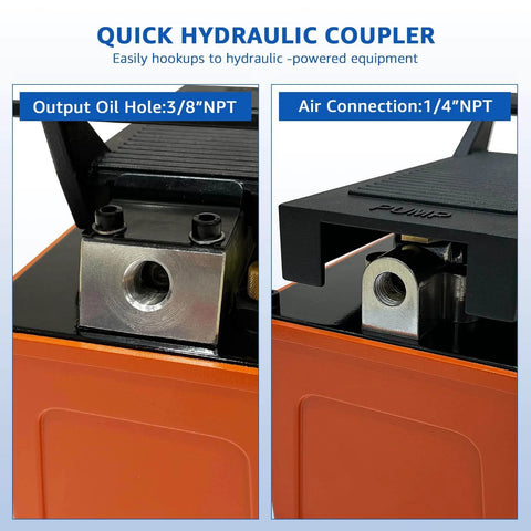 Close-up of HKTE Air Hydraulic Pump showing output oil hole and air connection for easy hookup, pedal-activated, high-pressure.