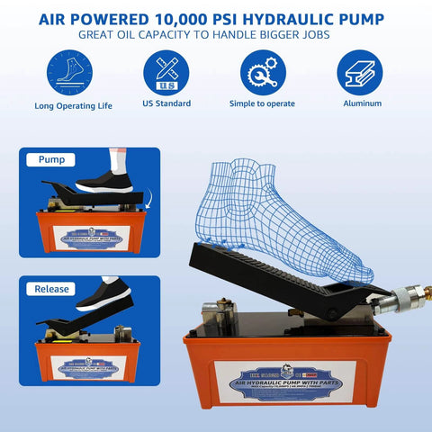Illustration of HKTE Air Hydraulic Pump, Pedal-Activated, High-Pressure 10K PSI, 0.5 Gallon Tank, Industrial Grade with foot diagram