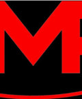 HMF logo in red with a stylized arc and starburst design on a black background
