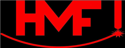 HMF logo in red with a stylized arc and starburst design on a black background