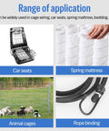 Image showcasing applications of SC7E Pneumatic Hog Ring Gun With Extended Nose for car seats, spring mattress, animal cages, and rope binding.