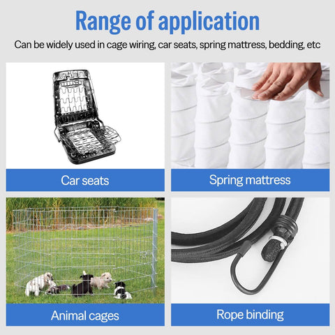 Image showcasing applications of SC7E Pneumatic Hog Ring Gun With Extended Nose for car seats, spring mattress, animal cages, and rope binding.