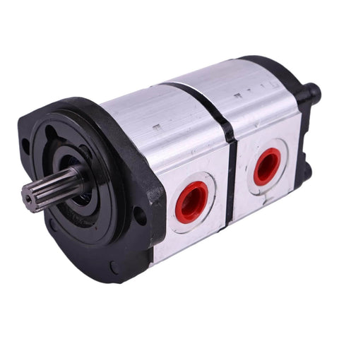 HOLDWELL 10T Hydraulic Gear Pump 67051095 67051100 compatible with Casappa PLP20.7, front view, aluminum casing, red inlets