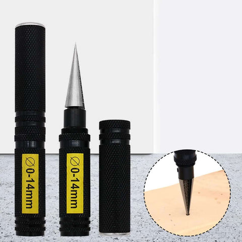 0 To 14mm Hole Opener Reamer Drill Punch For Metal And Steel Ideal For Aviation Models And Woodworking DIY Projects Durable Precision Tool For Clean Holes Easy Slip Resistant Handle With Protective Sleeve, shown with cap and in use.